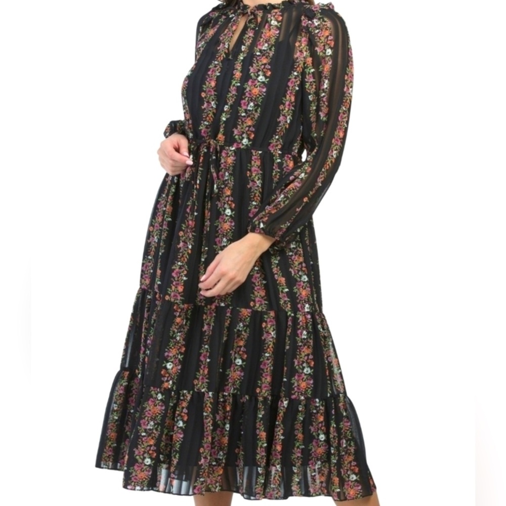 **New** Julia Jordan Black floral stripe ruffle-trim pleated midi dress …